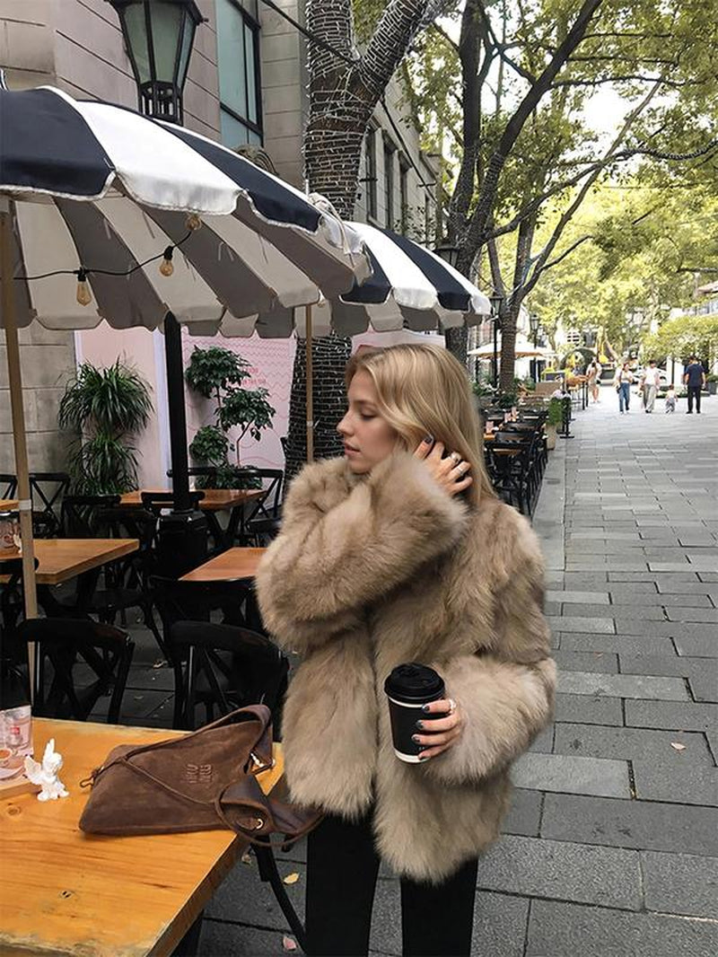 Women'S Faux Fox Fur Coat, Stand Collar Long Sleeve H-Line Cut Thickened Warm Winter Fashion Outerwear, Casual Commuter Style