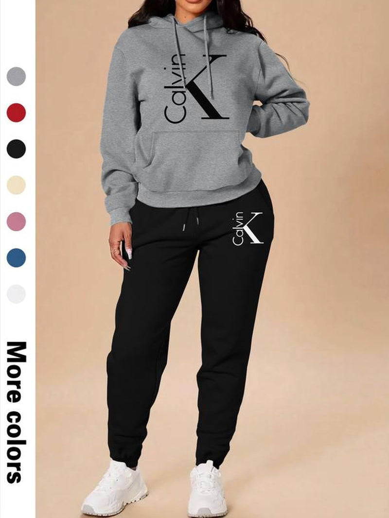 Women'S Casual Hooded Sweatshirt Set, Sweatsuit with Pockets, Long Sleeve Letter Print Top + Pants, Fall & Winter Fitted Sportswear with Pockets