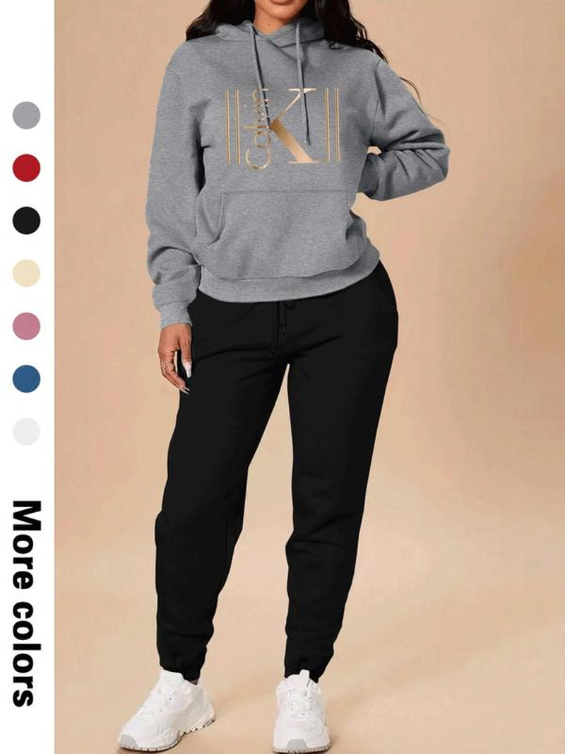 Women'S Casual Hooded Sweatshirt Set, Sweatsuit with Pockets, Long Sleeve Letter Print Top + Pants, Fall & Winter Fitted Sportswear with Pockets