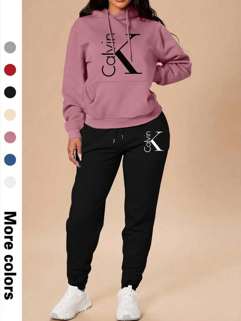 Women'S Casual Hooded Sweatshirt Set, Sweatsuit with Pockets, Long Sleeve Letter Print Top + Pants, Fall & Winter Fitted Sportswear with Pockets
