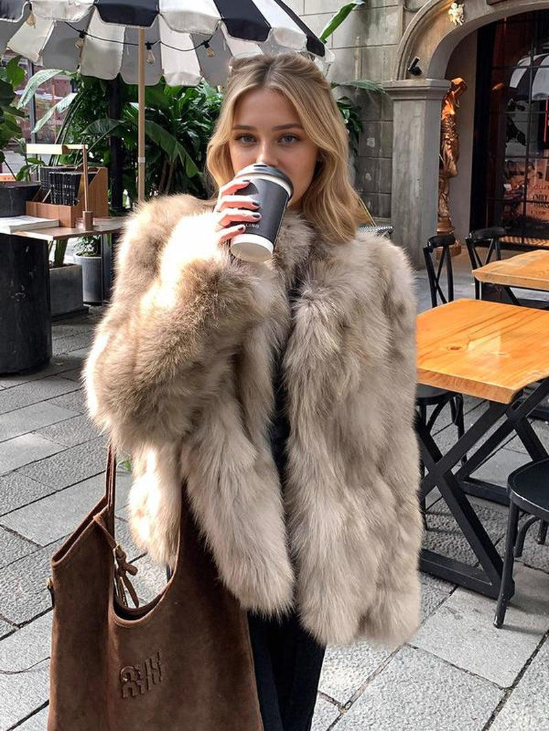 Women'S Faux Fox Fur Coat, Stand Collar Long Sleeve H-Line Cut Thickened Warm Winter Fashion Outerwear, Casual Commuter Style