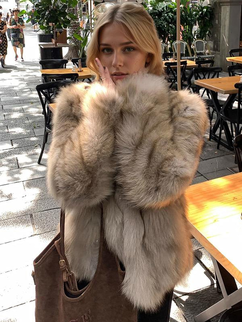 Women'S Faux Fox Fur Coat, Stand Collar Long Sleeve H-Line Cut Thickened Warm Winter Fashion Outerwear, Casual Commuter Style