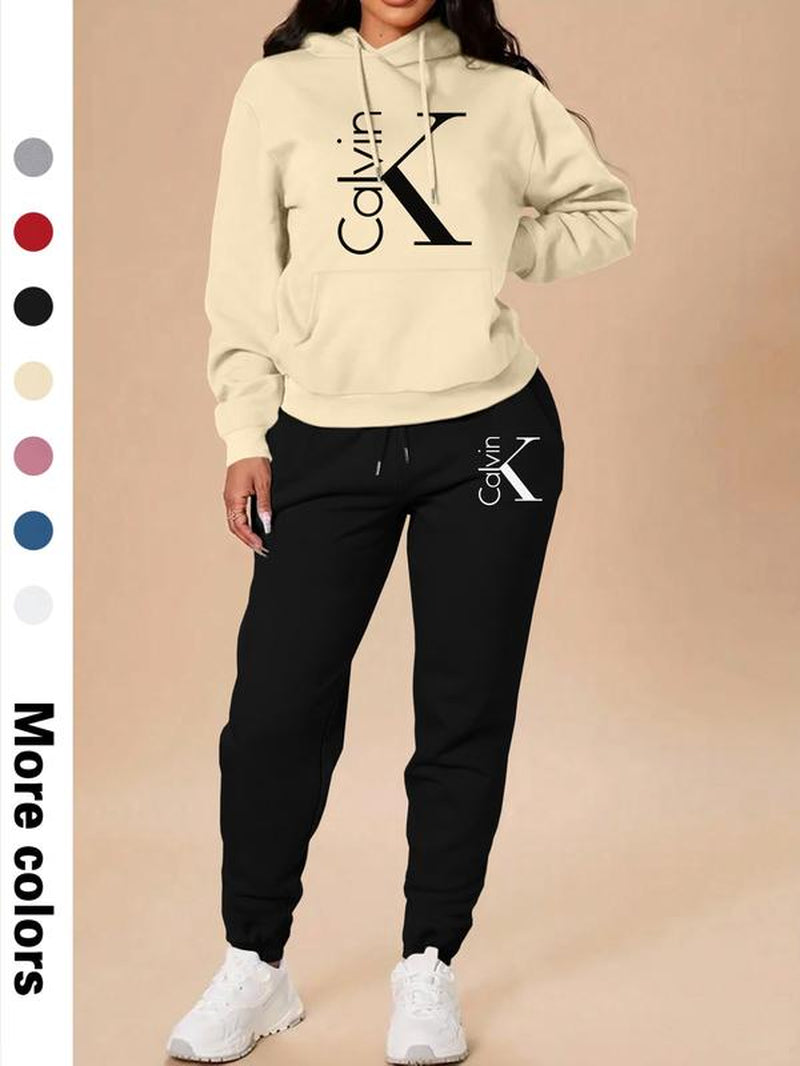 Women'S Casual Hooded Sweatshirt Set, Sweatsuit with Pockets, Long Sleeve Letter Print Top + Pants, Fall & Winter Fitted Sportswear with Pockets