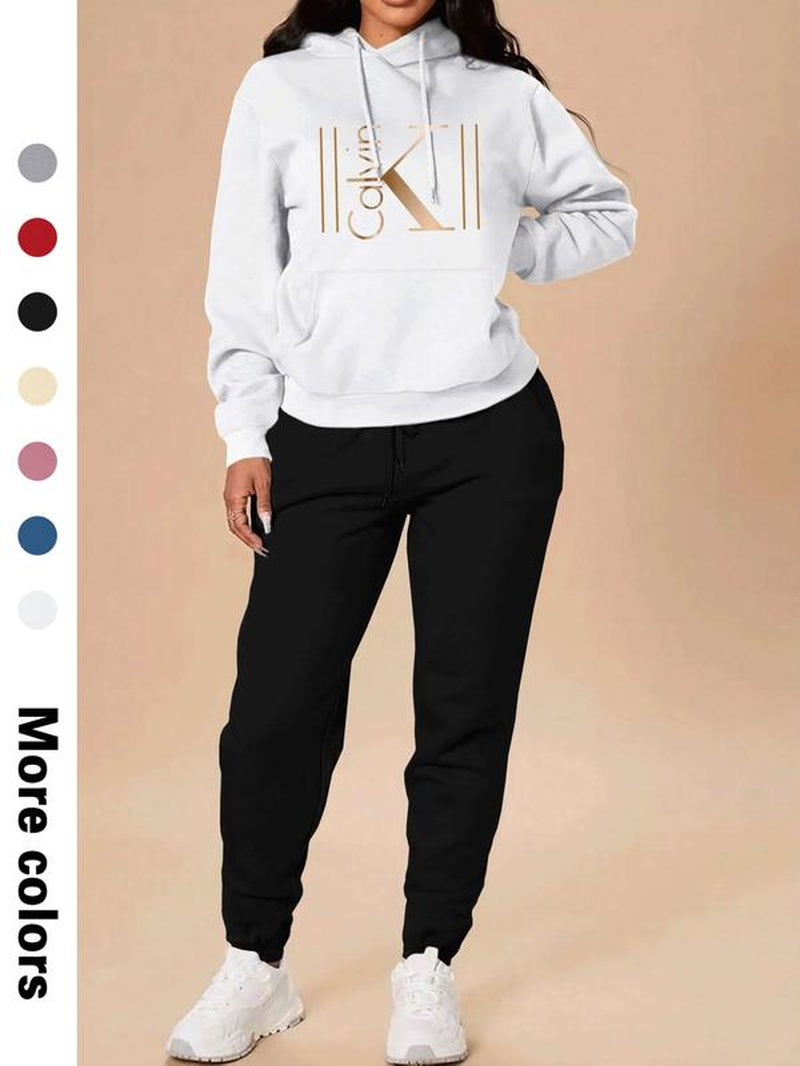 Women'S Casual Hooded Sweatshirt Set, Sweatsuit with Pockets, Long Sleeve Letter Print Top + Pants, Fall & Winter Fitted Sportswear with Pockets