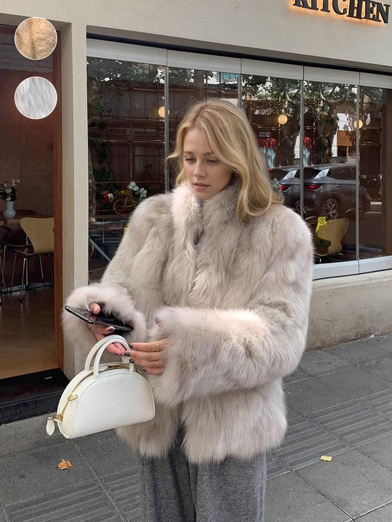 Women'S Faux Fox Fur Coat, Stand Collar Long Sleeve H-Line Cut Thickened Warm Winter Fashion Outerwear, Casual Commuter Style