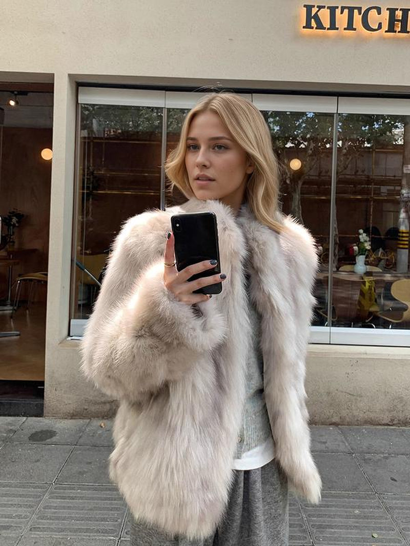 Women'S Faux Fox Fur Coat, Stand Collar Long Sleeve H-Line Cut Thickened Warm Winter Fashion Outerwear, Casual Commuter Style