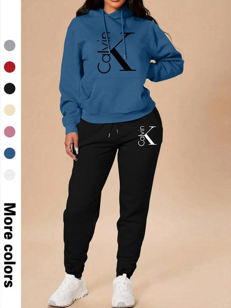 Women'S Casual Hooded Sweatshirt Set, Sweatsuit with Pockets, Long Sleeve Letter Print Top + Pants, Fall & Winter Fitted Sportswear with Pockets