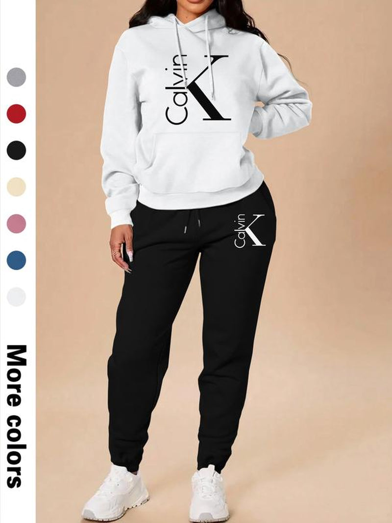Women'S Casual Hooded Sweatshirt Set, Sweatsuit with Pockets, Long Sleeve Letter Print Top + Pants, Fall & Winter Fitted Sportswear with Pockets