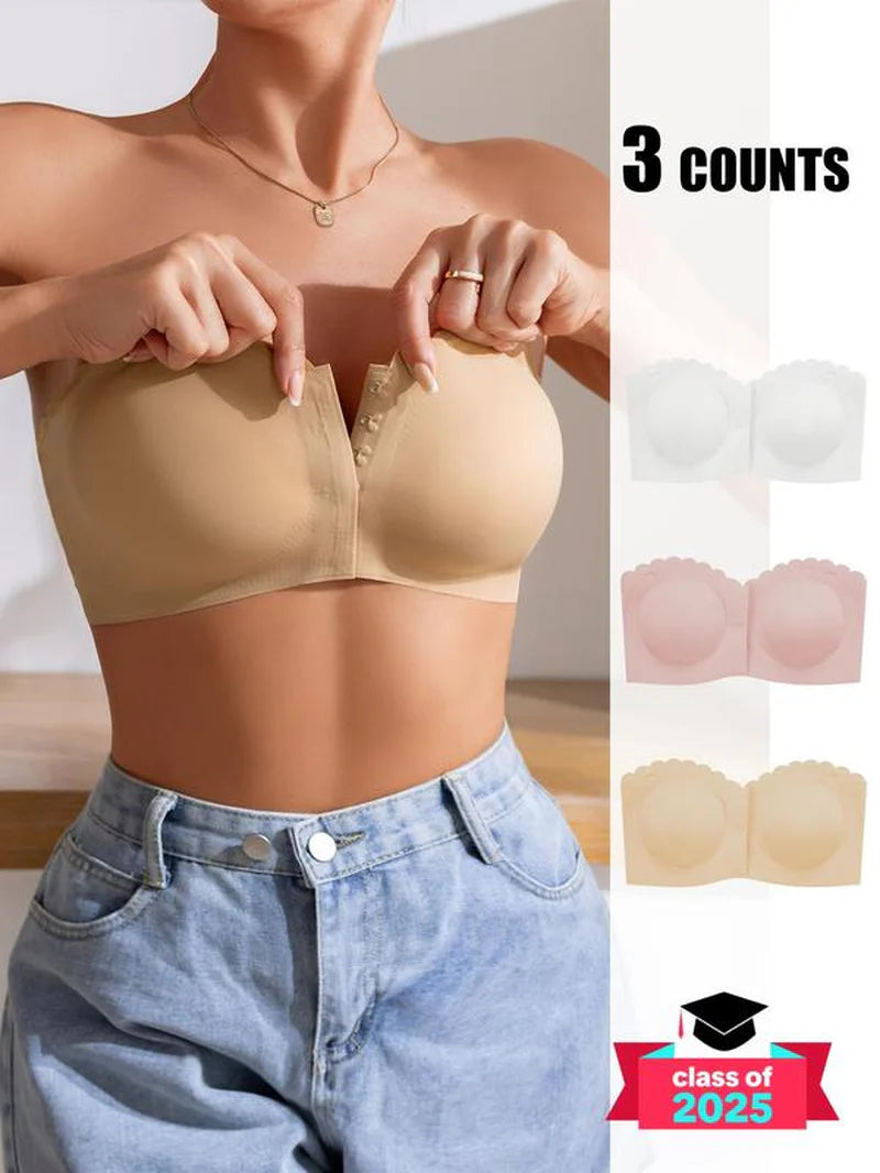 Women'S Solid / Leopard Print Strapless Bra, Wireless Push up Bra, Basic Casual Comfortable Breathable Scallop Trim Hook & Eye Front Bralette, Pastel Lingerie for All Seasons, Light Womenswear, Lady Bra Pack, Underwear